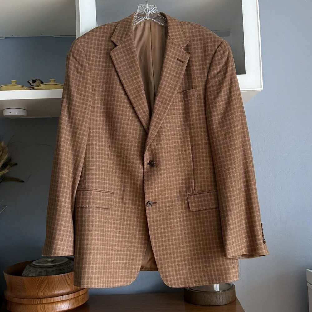Hart Schaffner Marx Blazer Sport Coat Brown Windowpane Plaid Wool Size 42L